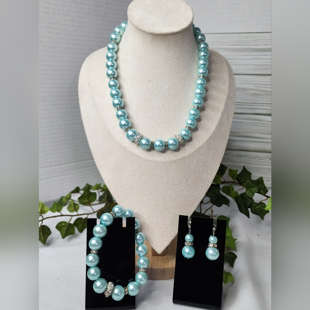 Aqua Blue Glass Pearl and Rhinestone Necklace Earrings and Bracelet Set